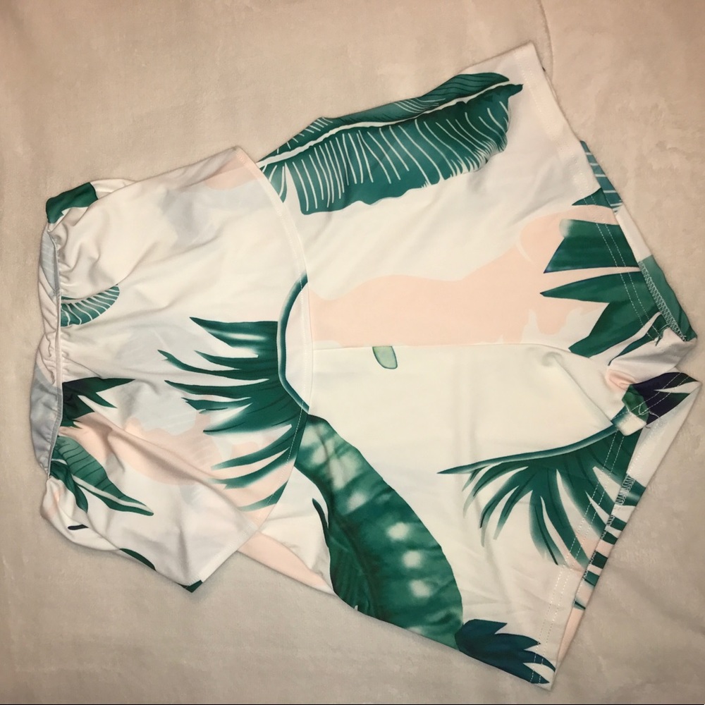 Palm print strapless romper