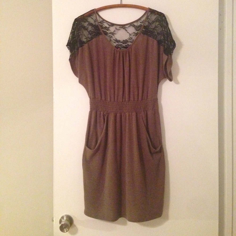 Brown and black knit & lace dress