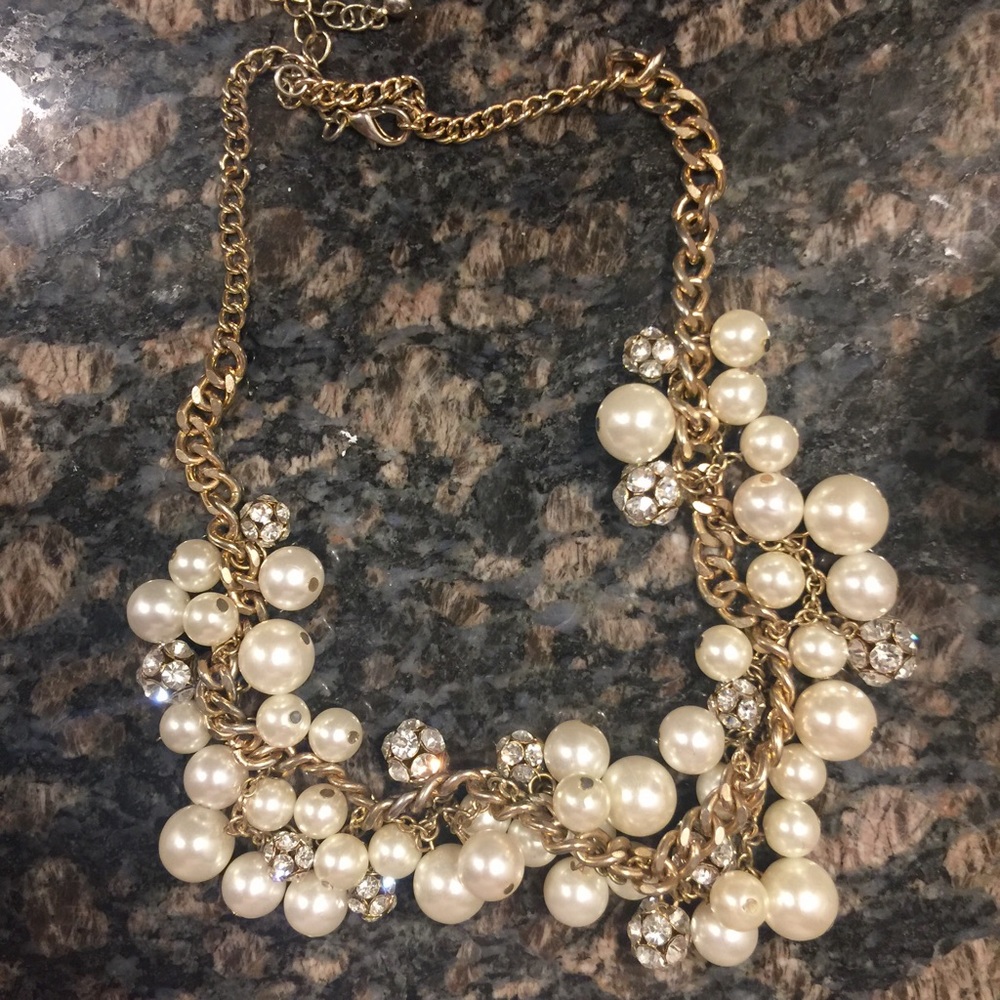 J. Crew Pearl and Crystal Gold Statement Necklace