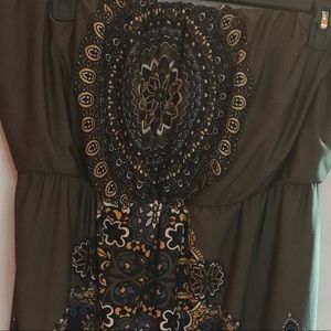 Size 2 (2x) Strapless olive navy & gold boho dress