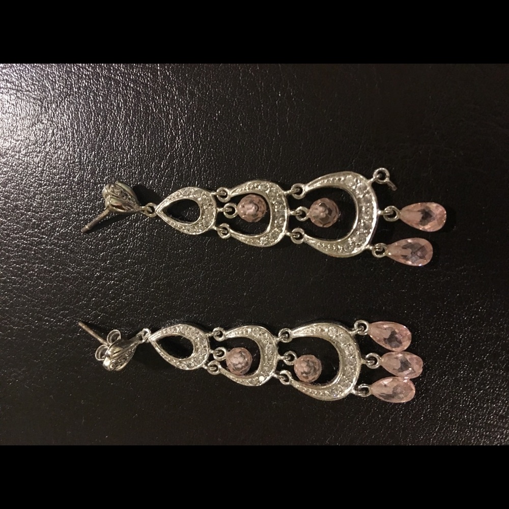 Pink, silver, and crystal drop earrings