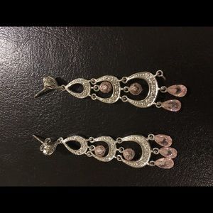 Pink, silver, and crystal drop earrings