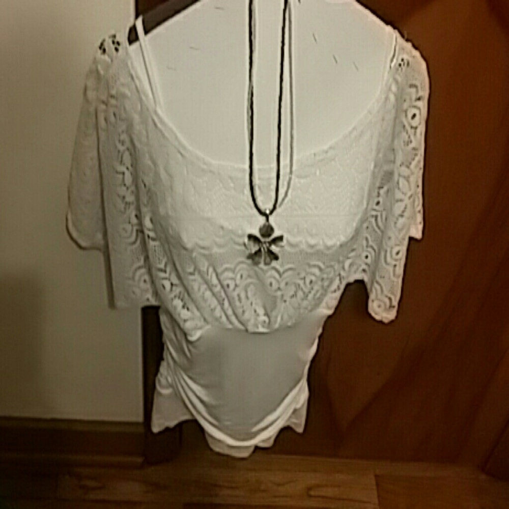Lace mesh top, layered with matching tank, fitted