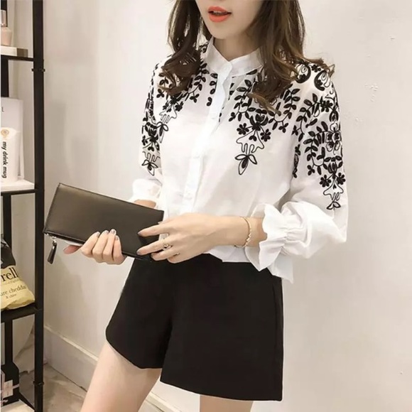 White Button Up Shirt W/Black  Flowers Embroidery - Picture 2 of 3