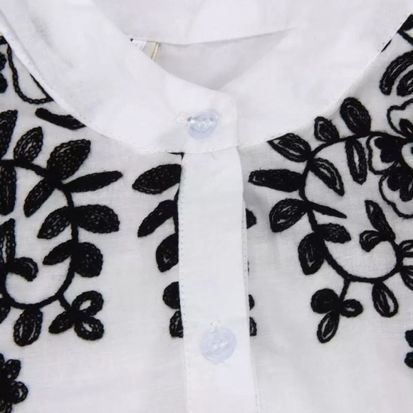 White Button Up Shirt W/Black  Flowers Embroidery - Picture 3 of 3