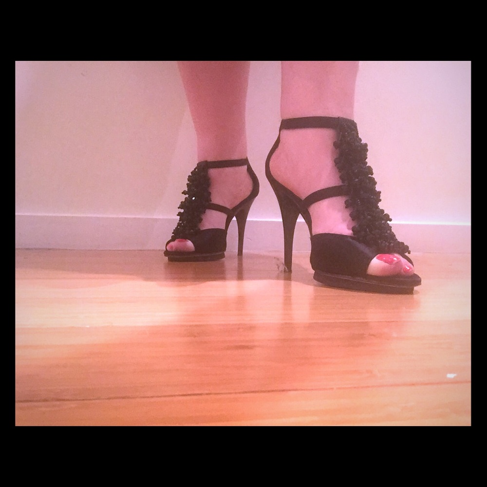 BCBG MaxAzria Ma-Estella1 black satin heels.