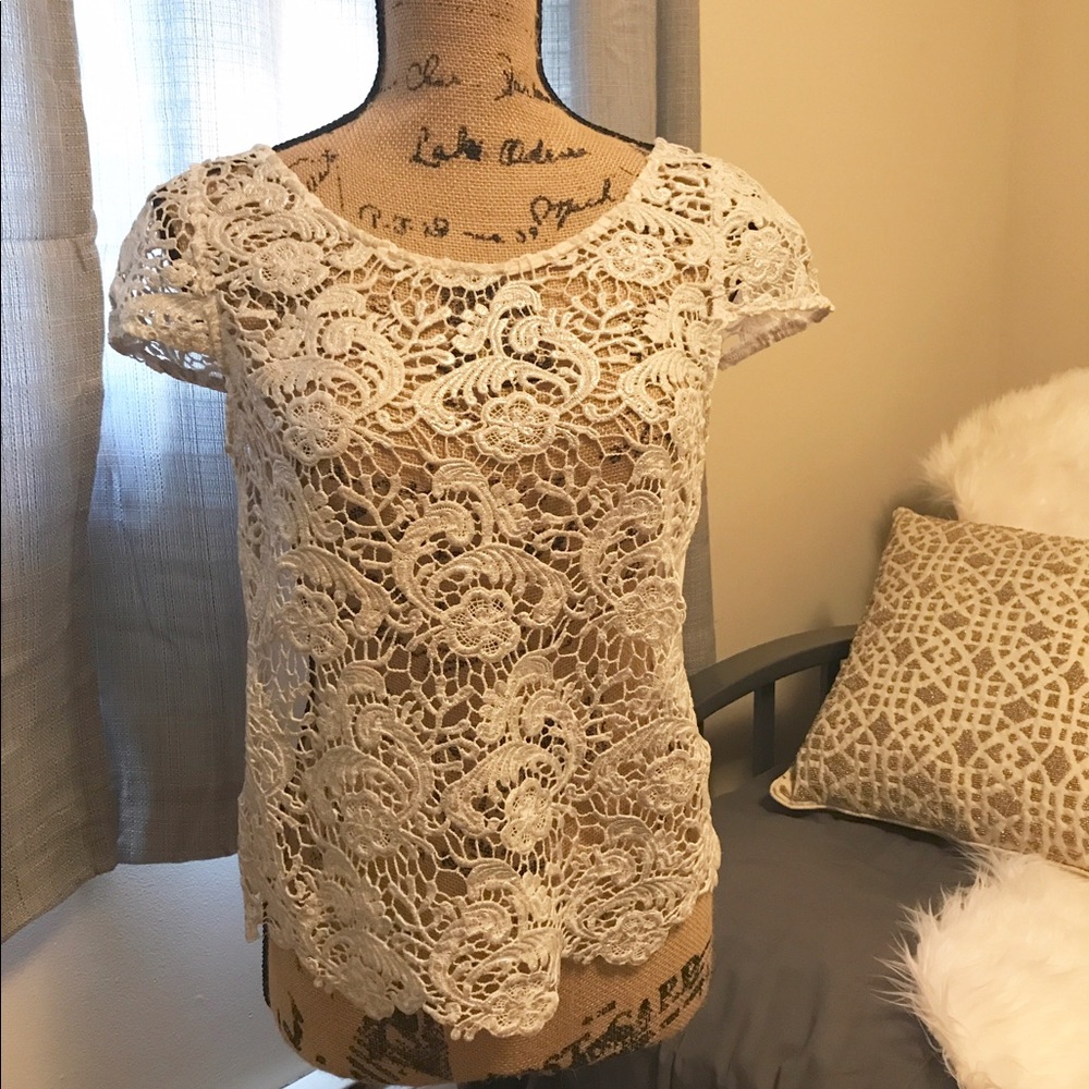 White and silver lace top with sheer back