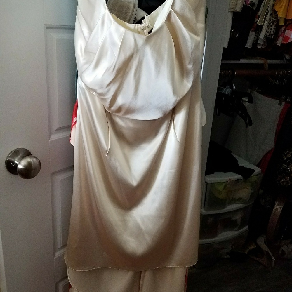 Off white satin strapless scrunch butt dress