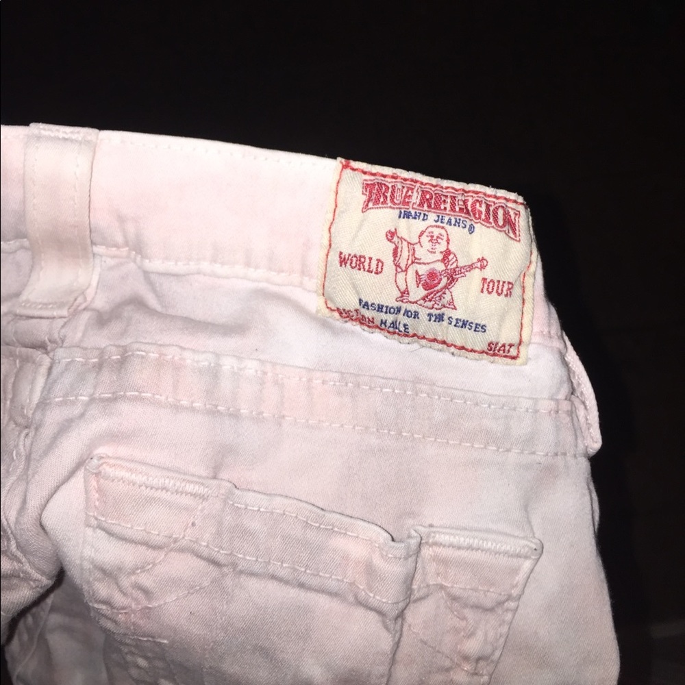 Pink grey and white tye die true religion jeans.