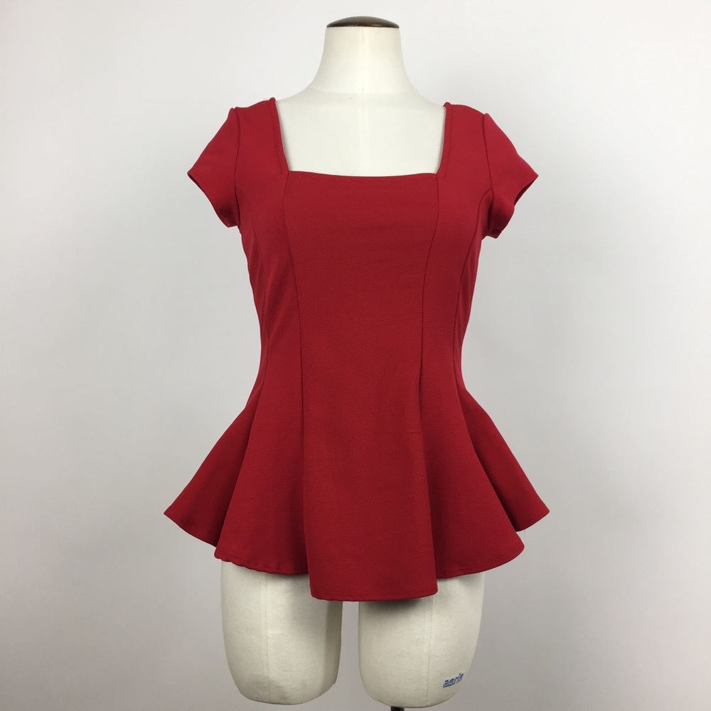 Red peplum top with square neckline