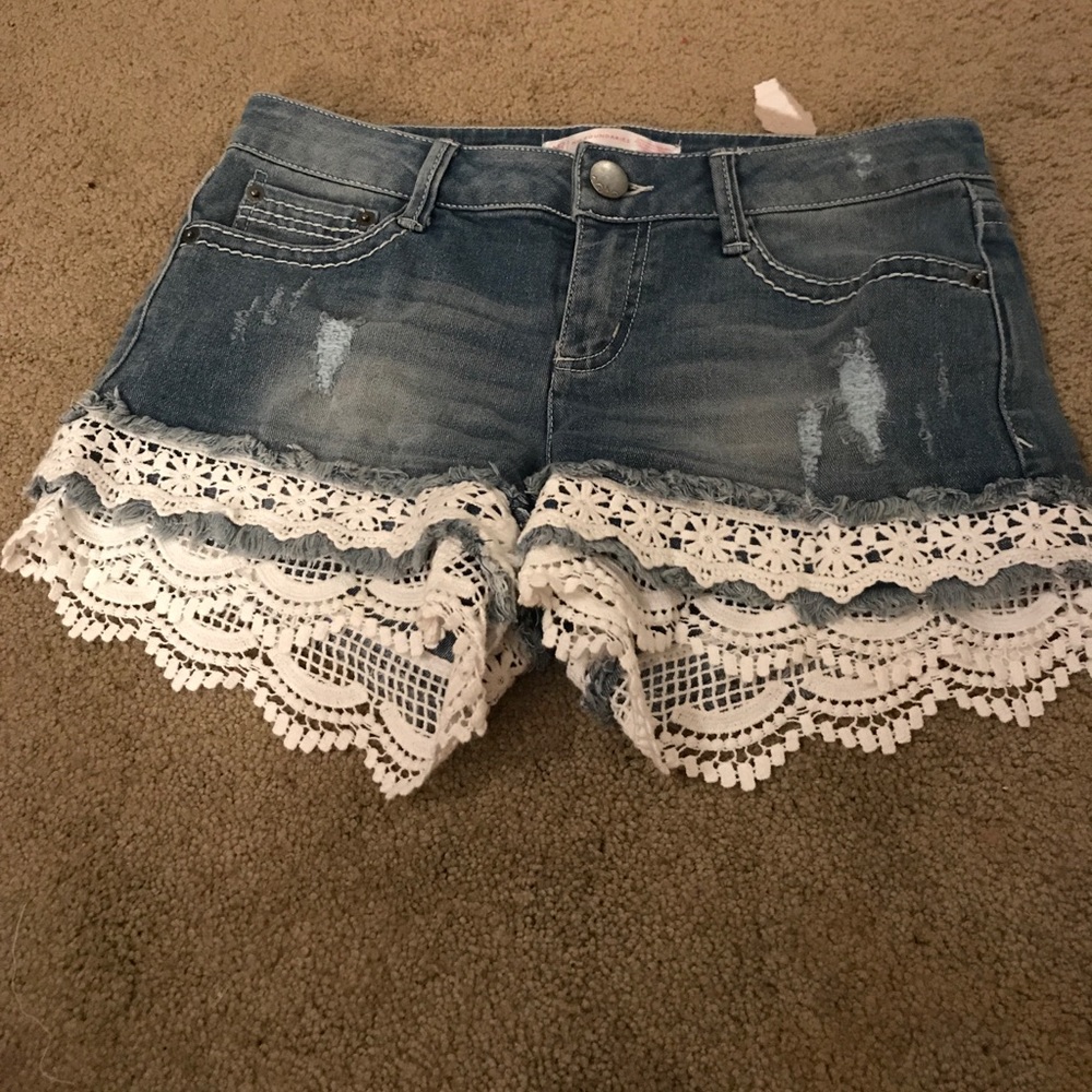 No Boundaries lace trim denim shorts