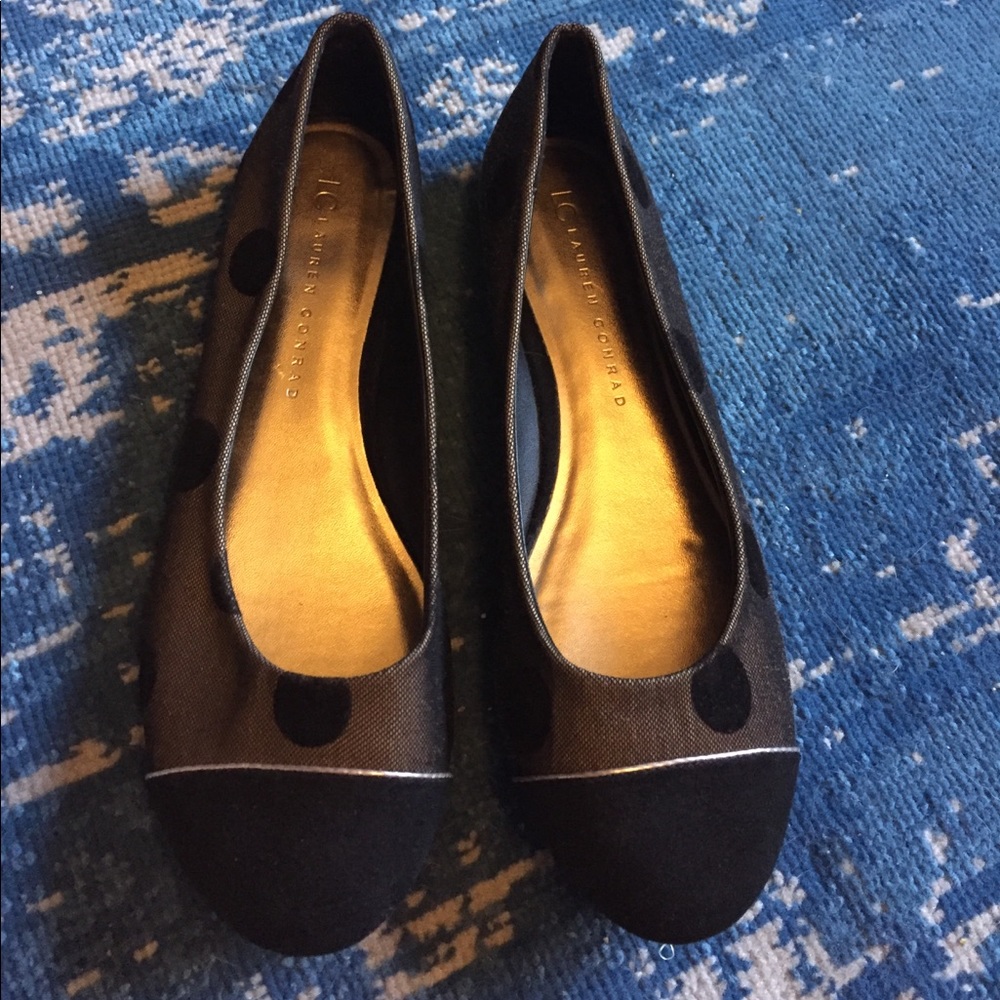 Lauren Conrad gold and black  polka dot flats.