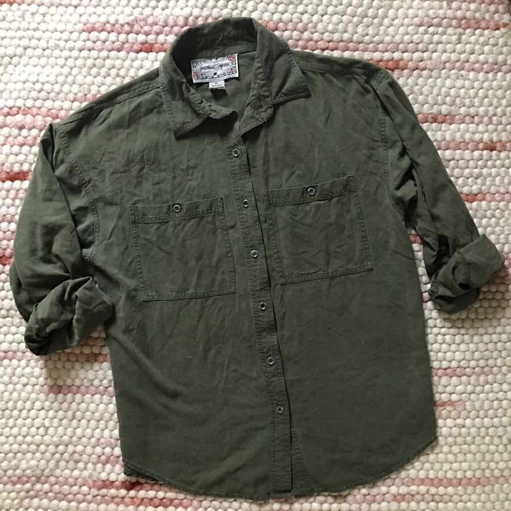 Raw Silk Olive Green Button Up
