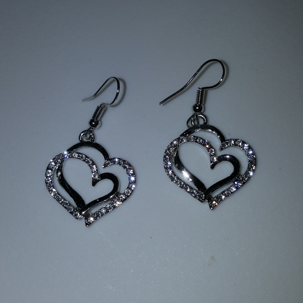 Silver Tone & Crystal Heart Earrings
