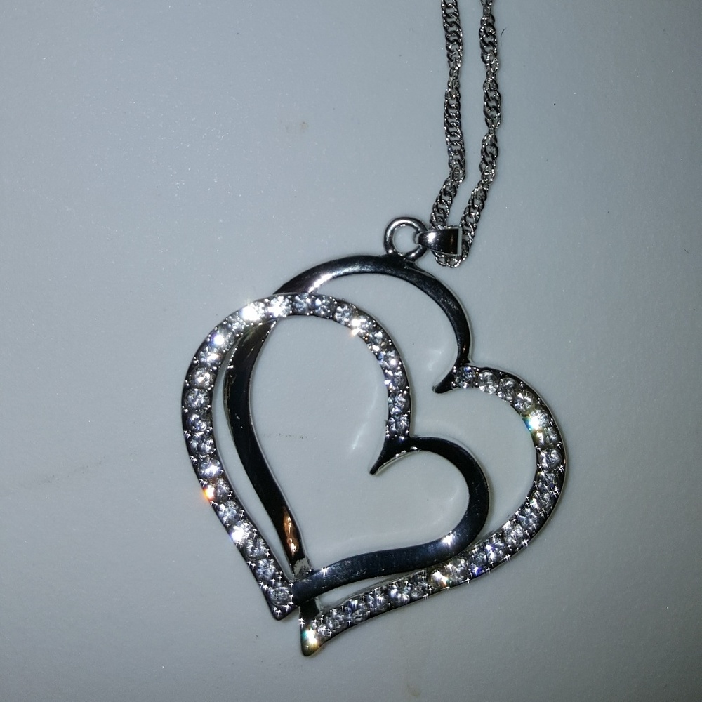 Silver Tone & Crystal Heart Necklace