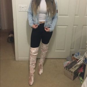 Pink crushed velvet boots