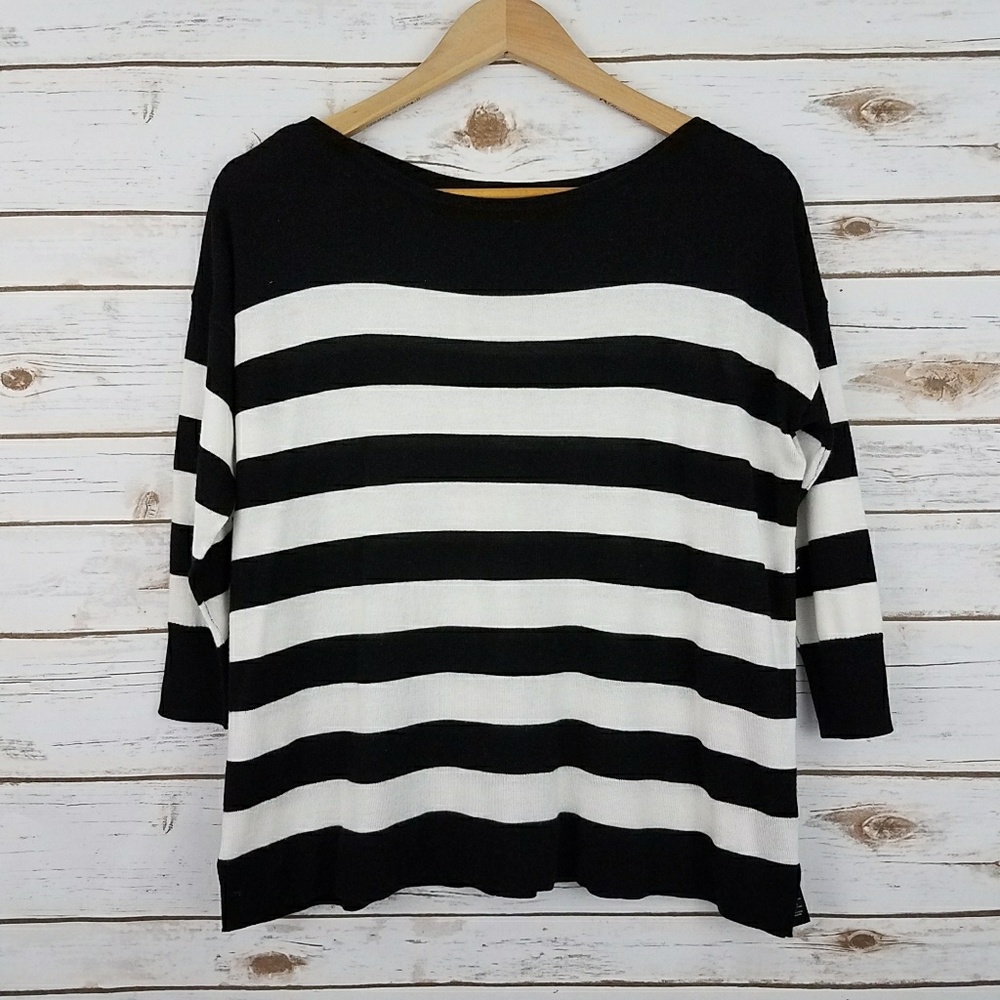 {WHBM} Black/White Striped 3/4 Sleeve KnitTop-XS