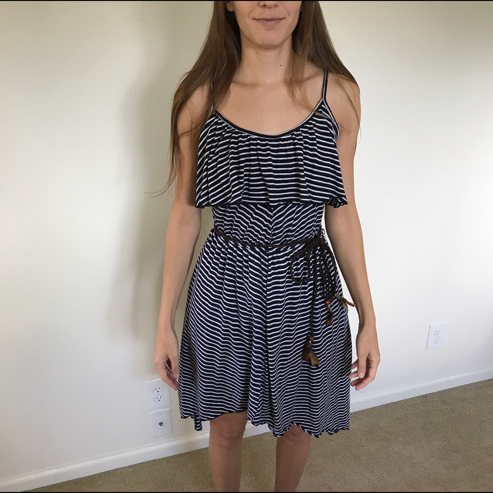 Navy striped dress w/tie belt