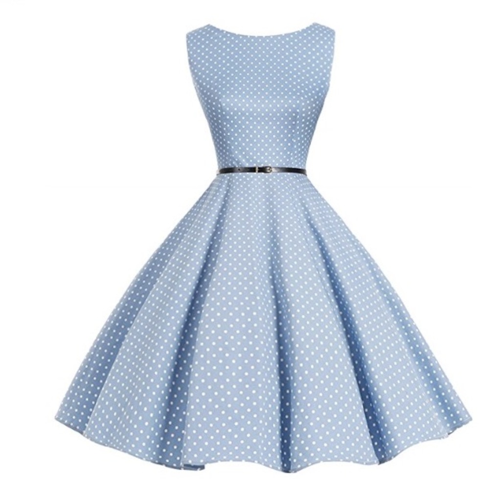 blue with white polkadot dress