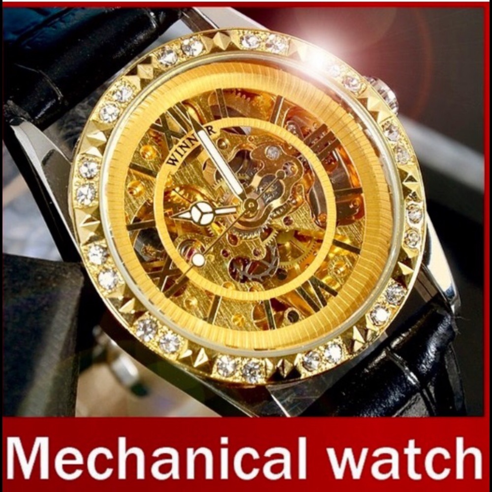 Winner, skeleton watch.  Open case back to see mechanical workings.