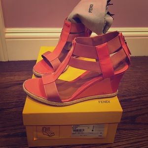 Fendi pink patent, nylon accented wedges