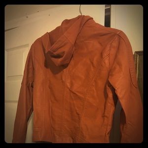 Burnt orange hooded faux leather jacket