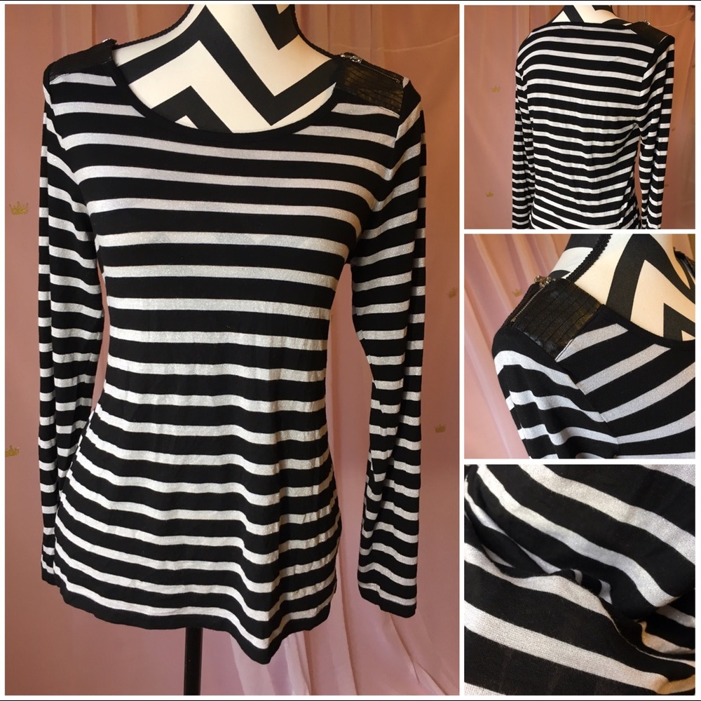 Shimmer Silver long sleeve With leather shoulders