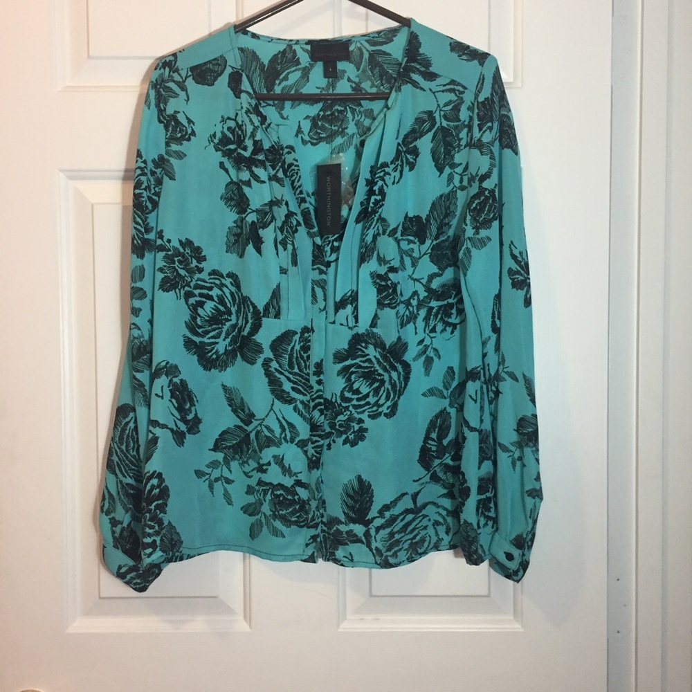 Worthington Turquoise Floral Button Bibb Top