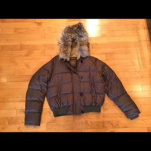 Moncler brown down jacket with fur lined hood