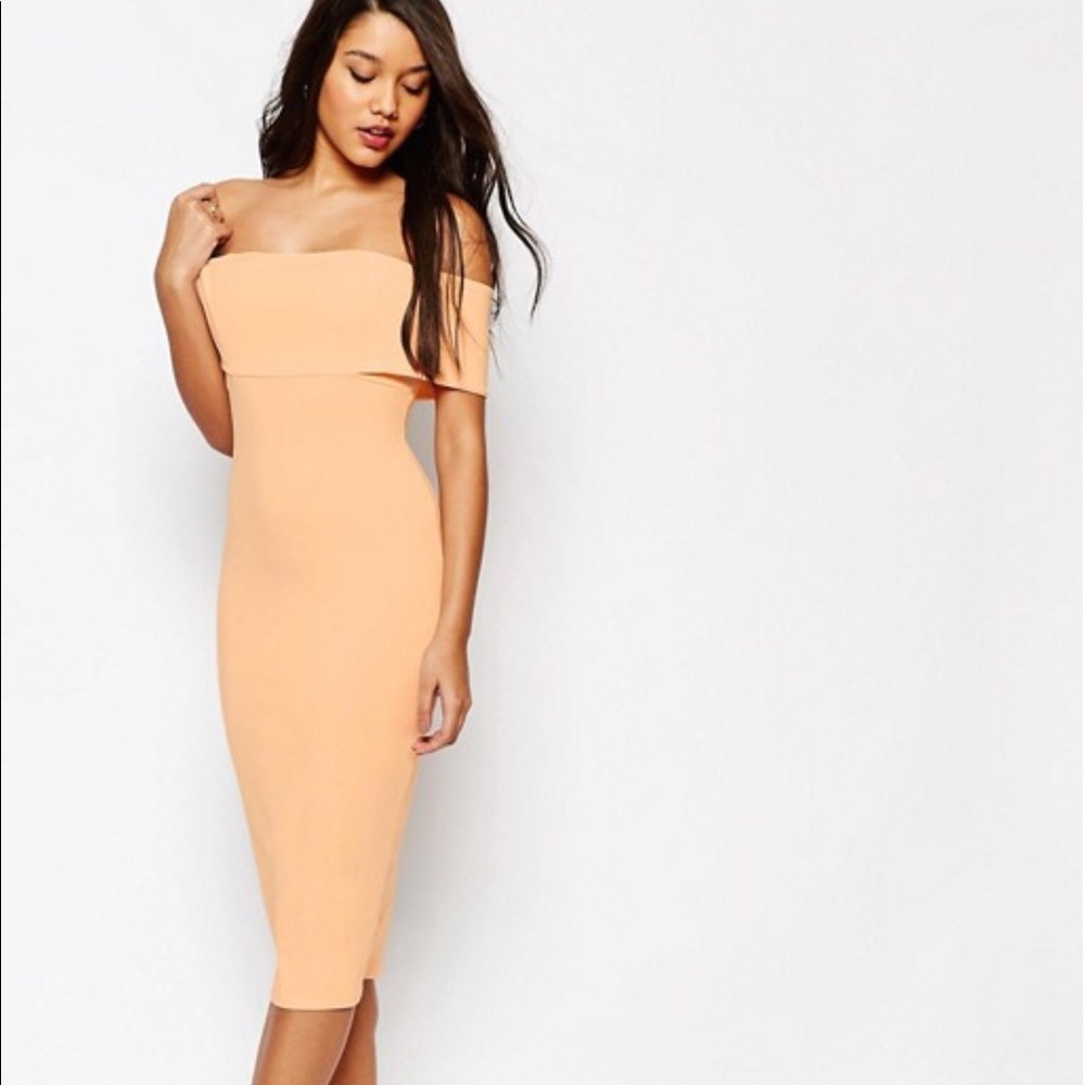 Off the shoulder salmon pencil dress