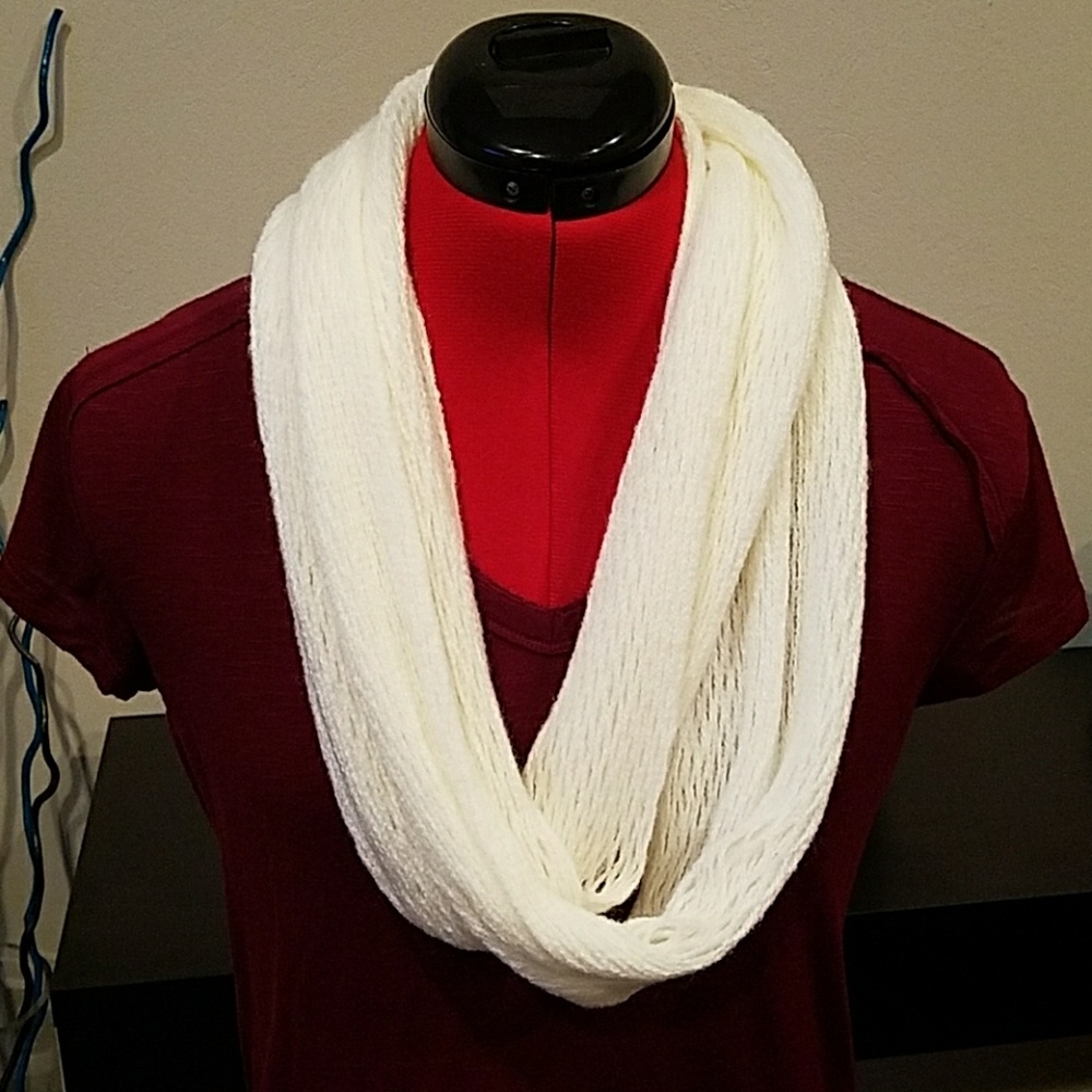 Women's white knit infinity scarf.