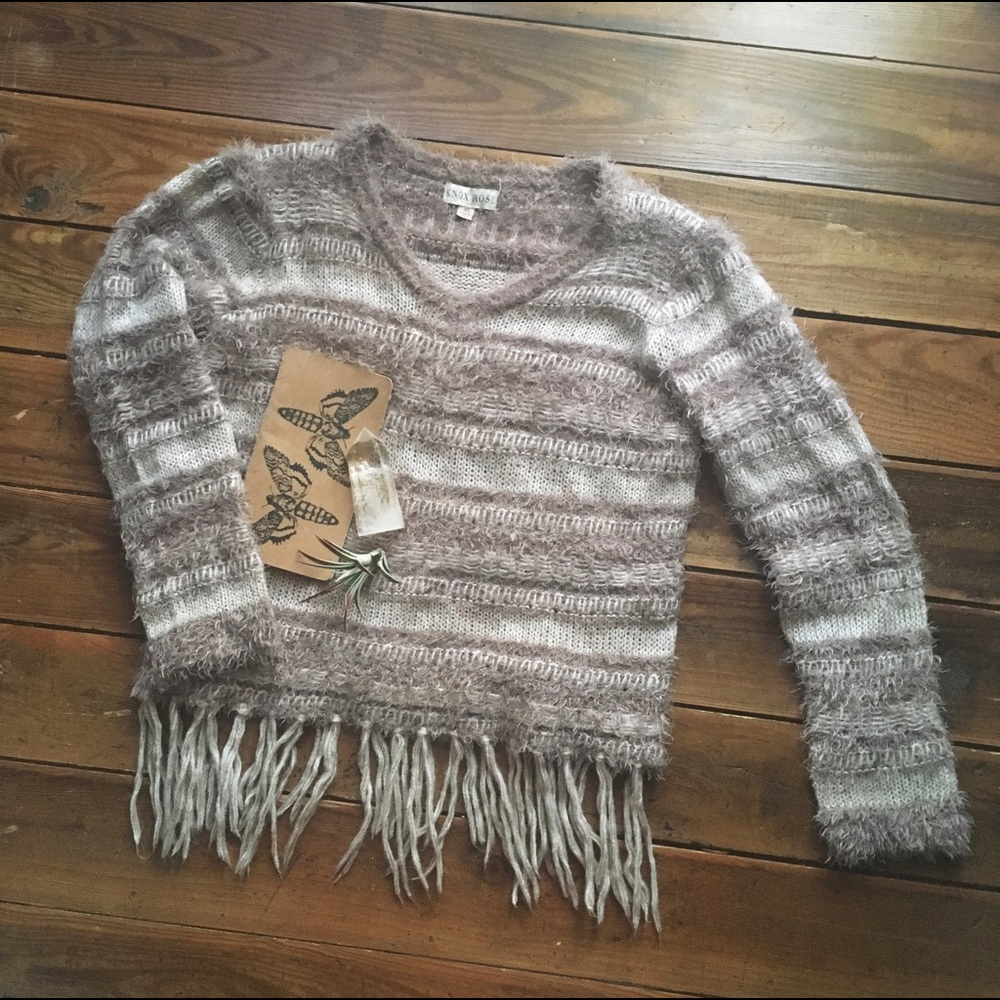 Dusty mauve striped fuzzy fringe sweater