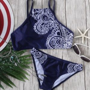 Tribal Print Bikini Top and Bottom Set - Navy