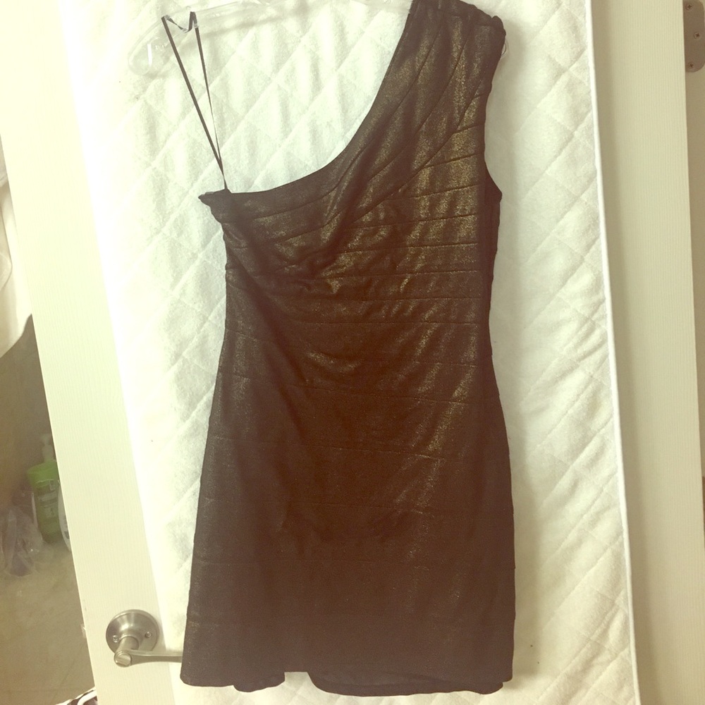 One shoulder black gold metallic dress