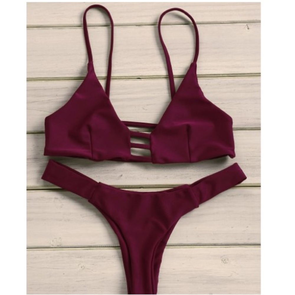 Strappy Tanga Bikini Set - Wine Red