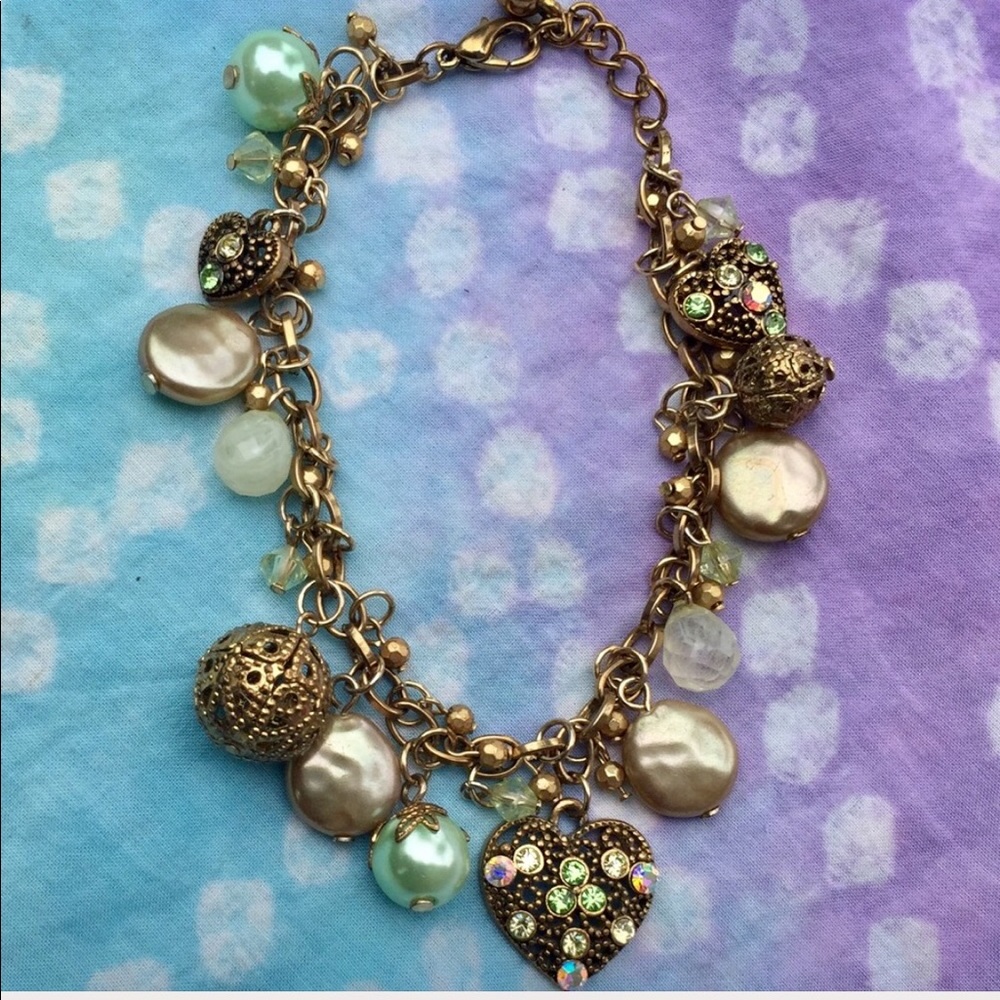 Rhinestone & Filagree Heart Charm Bracelet