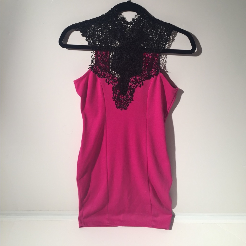Pink bodycon dress with mock neck lace top