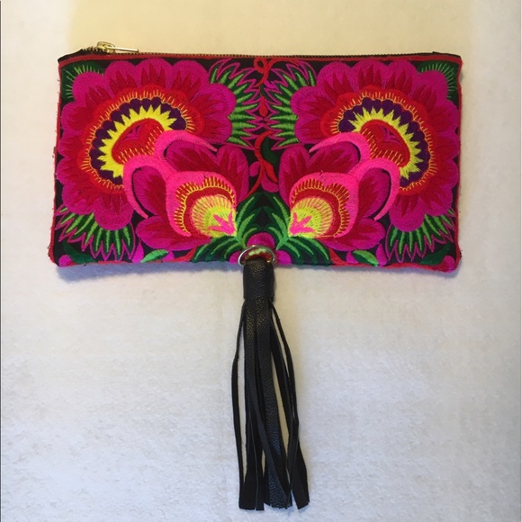 Boho Embroidered Tassel Clutch - Picture 1 of 5