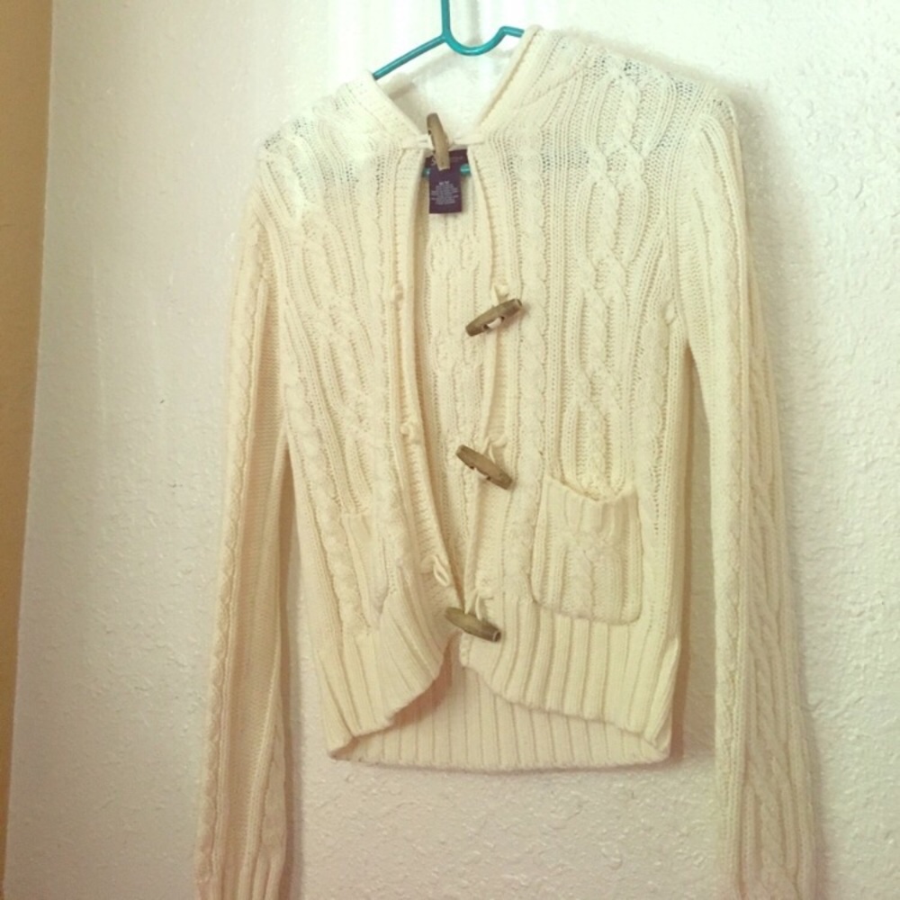 Beige cable knit button up hoodie