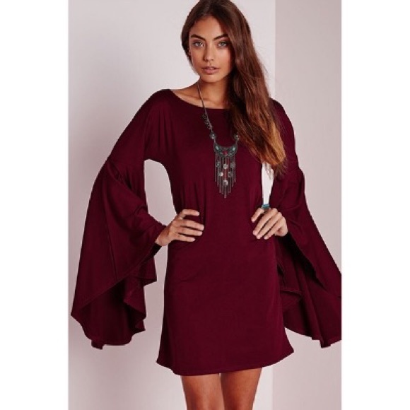 🎉CLEARANCE🎉Burgundy Long Bell Sleeves Mini Dress - Picture 2 of 7