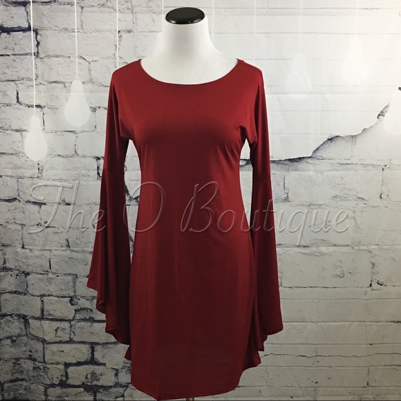 🎉CLEARANCE🎉Burgundy Long Bell Sleeves Mini Dress - Picture 3 of 7