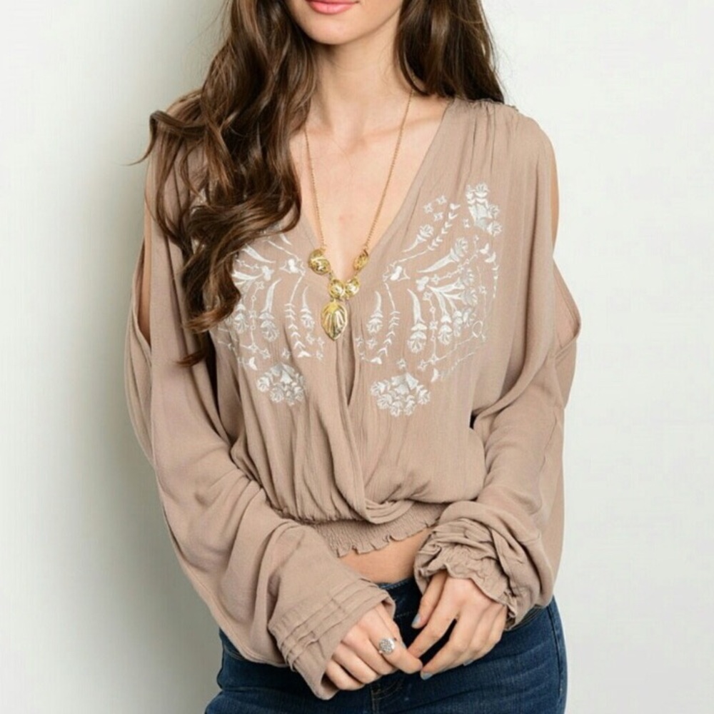Taupe slit sleeved embroidered blouse
