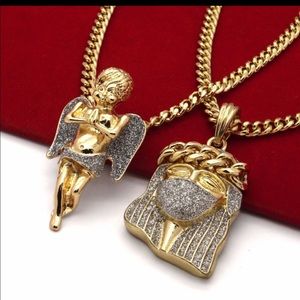 Men's 14k Gold plated 2 pc Jesus & Angel chain set