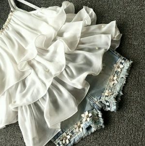 Chiffon pearl  flower halter top and denim shorts