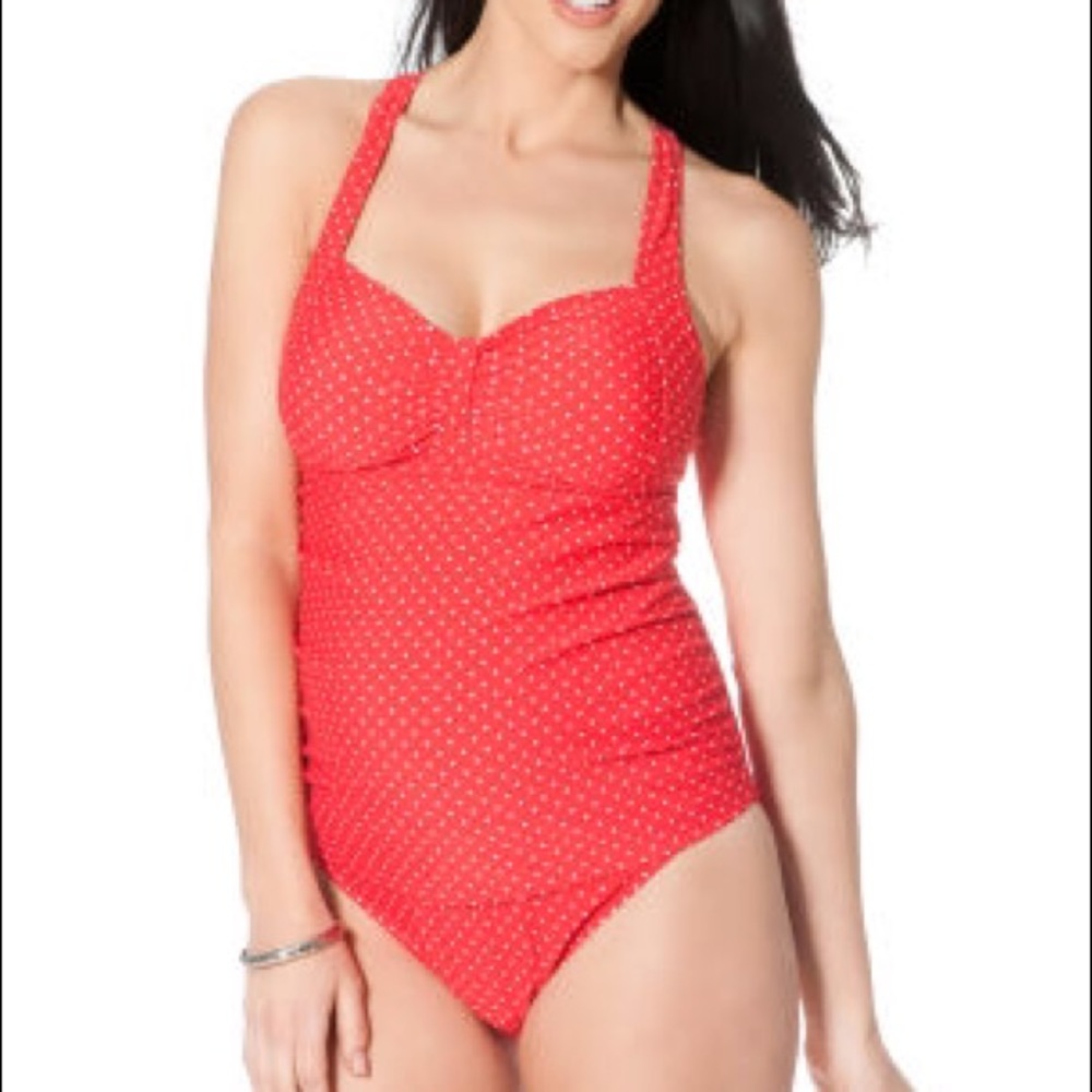 Red polka dot motherhood maternity bathing suit