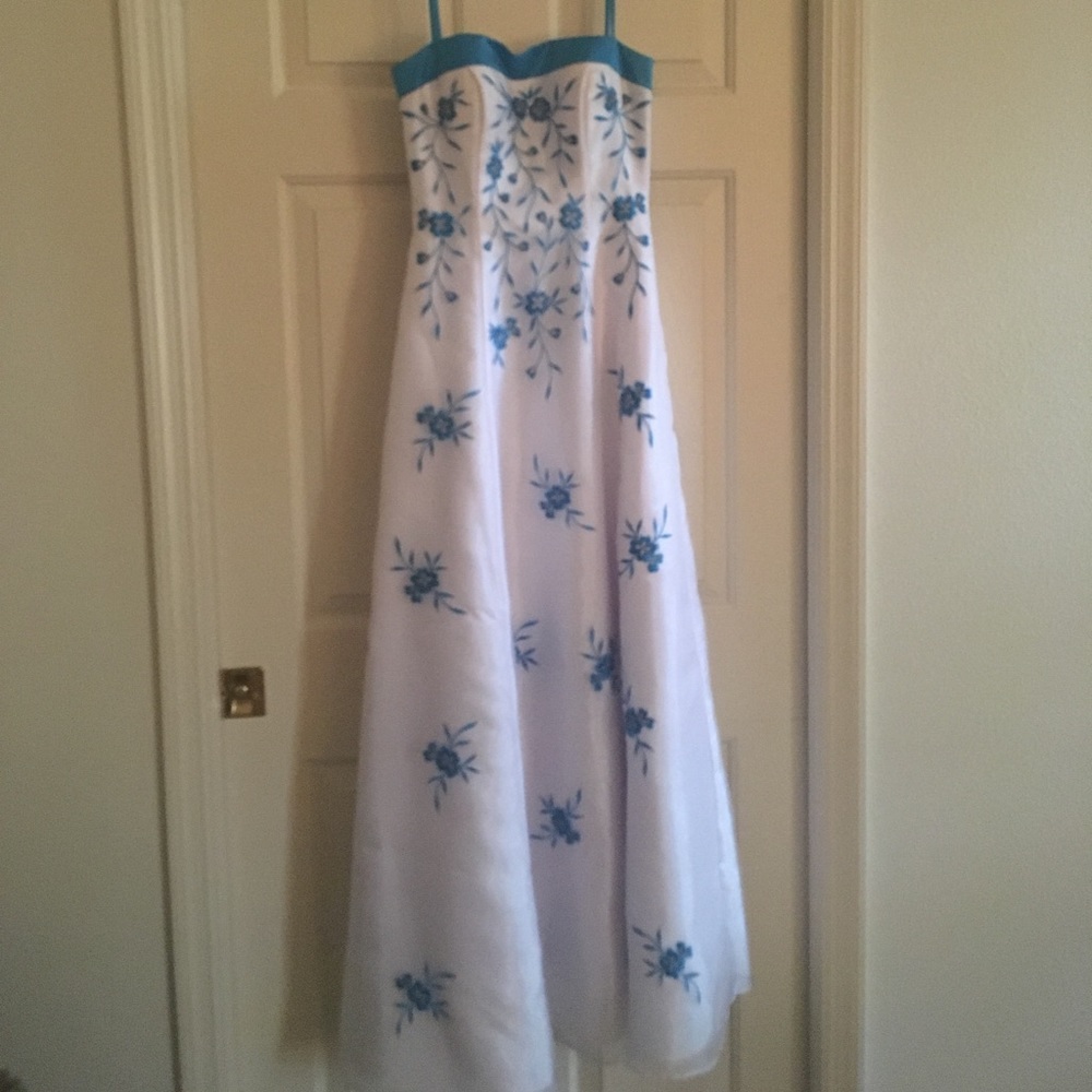 White and blue long formal dress.