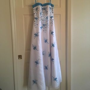 White and blue long formal dress.