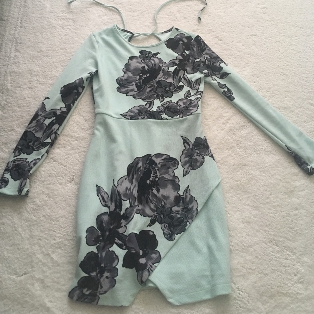 Light blue dress with dark blue floral designs.
