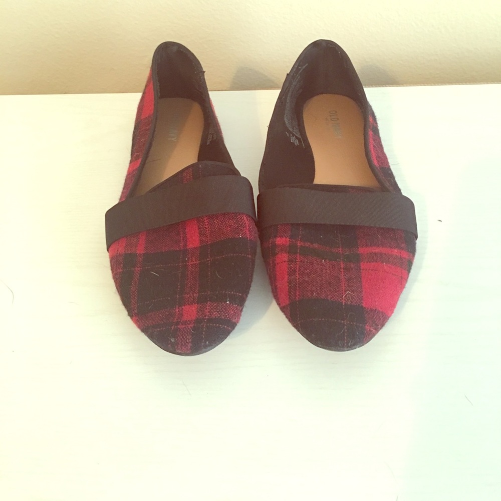 Black and red plaid loafers