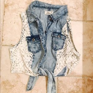 Denim and lace tie front top size Small